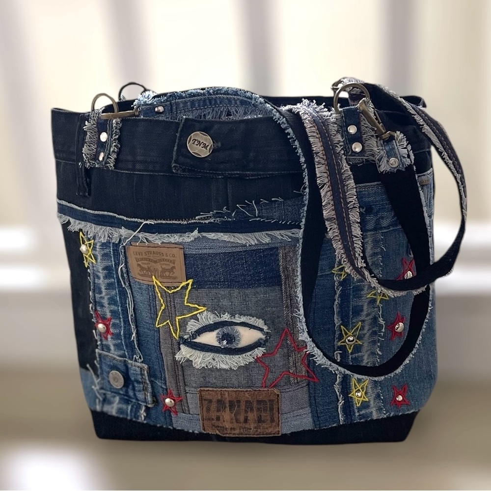 Denim patchwork shoulder bag-tote bag upcycled jeans boho bag